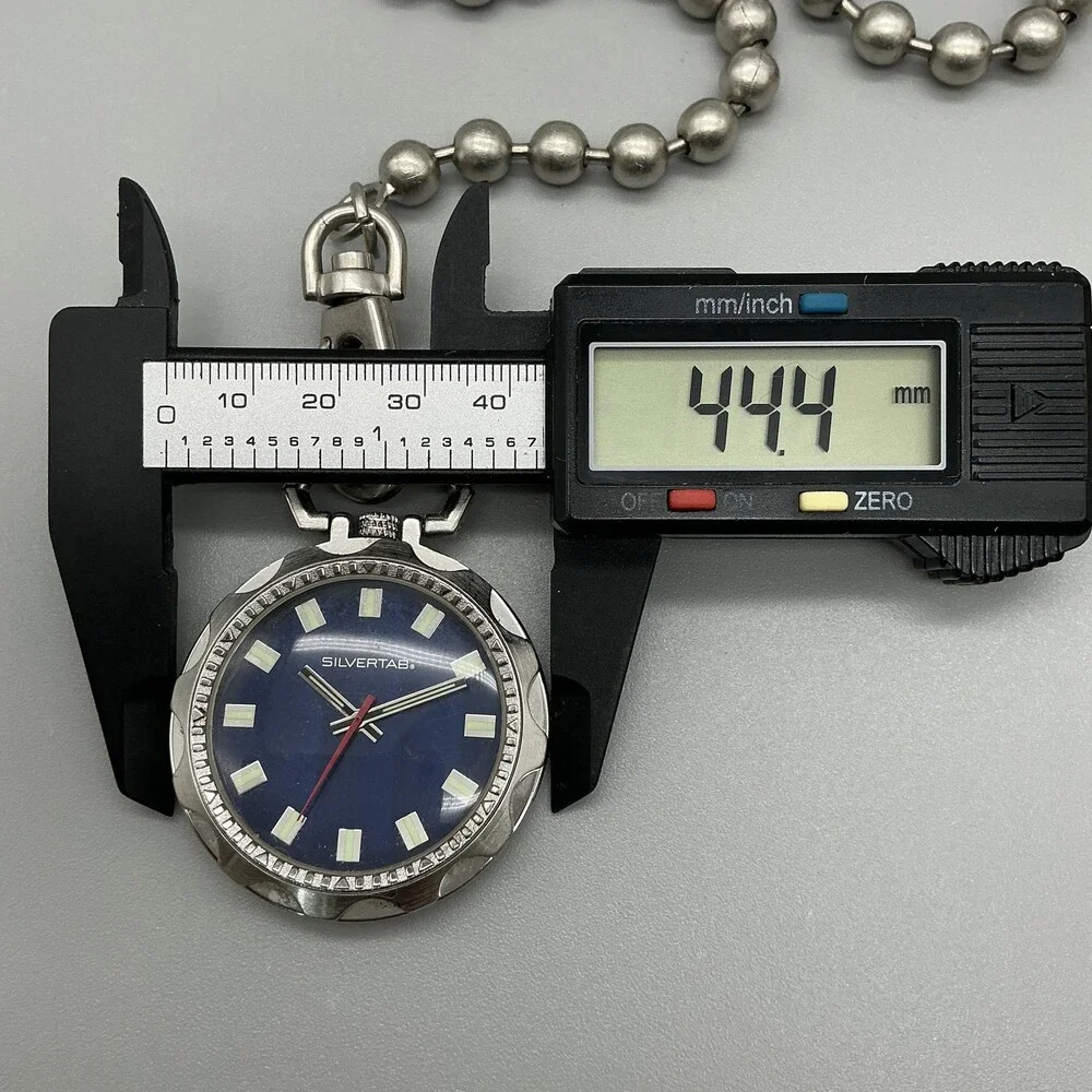 Silvertab Pocket Watch Men 44mm Silver Tone Open Face Blue Chain New Battery
